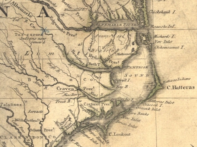Mapa Mitchell, Seção Leste da Carolina do Norte, c. 1750